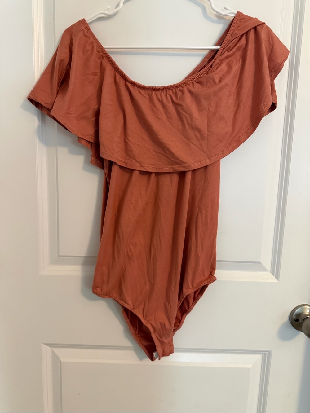 Off-the-Shoulder Rust Orange Ruffle Bodysuit